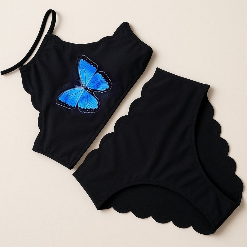 Blue Butterfly Bikini Set ✦ Scalloped Trim Halter Top ✦ Ribbed Cheeky Bottoms S